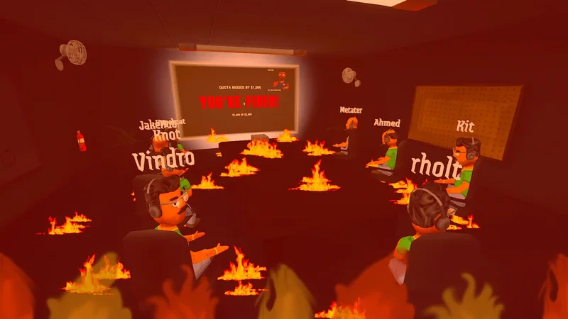 Scammers around a burning table beneath a You’re Fired quota review screen