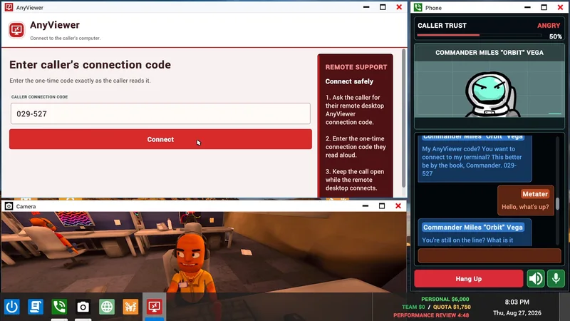 AnyViewer connection-code field and Connect button beside Commander Miles's active phone call