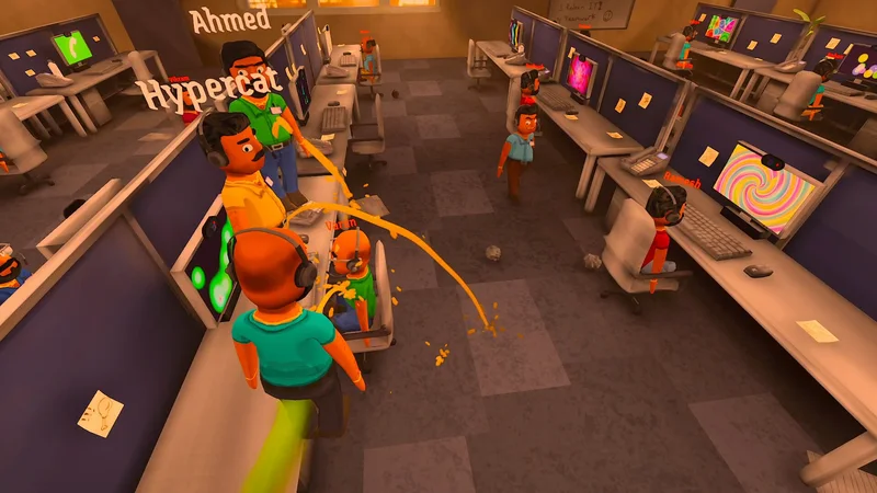 Players seated and standing among cubicles in the Scam With Your Friends call center